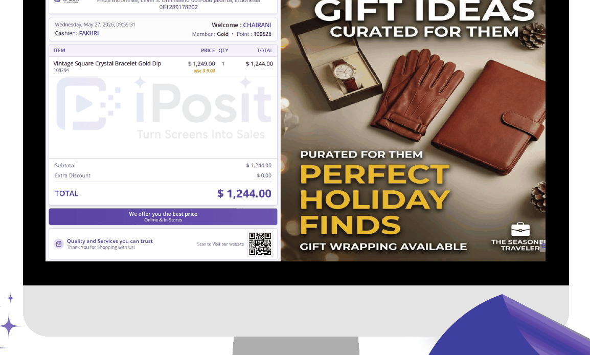POS customer display with iPosit showing an AI-curated gift recommendation