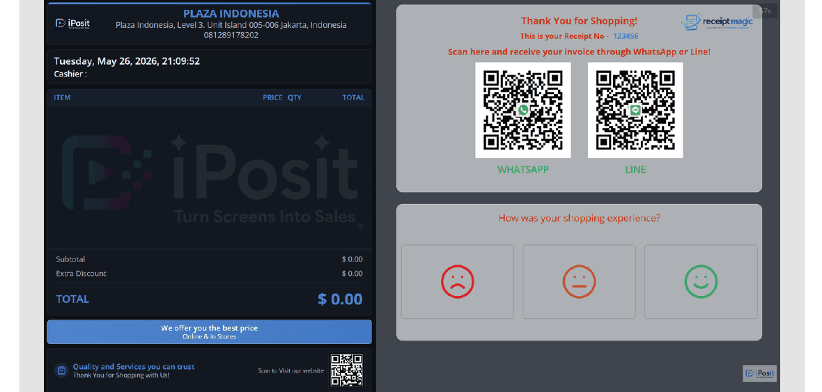 iPosit feedback screen with WhatsApp and Line QR codes and a shopping experience rating