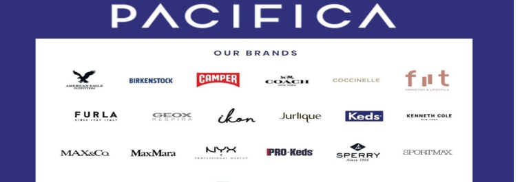 Pacifica logo and portfolio of brands including American Eagle, Birkenstock, Camper, Coach, Furla, Geox, Jurlique, Keds, Kenneth Cole, MAX&Co, MaxMara, NYX, Sperry and Sportmax