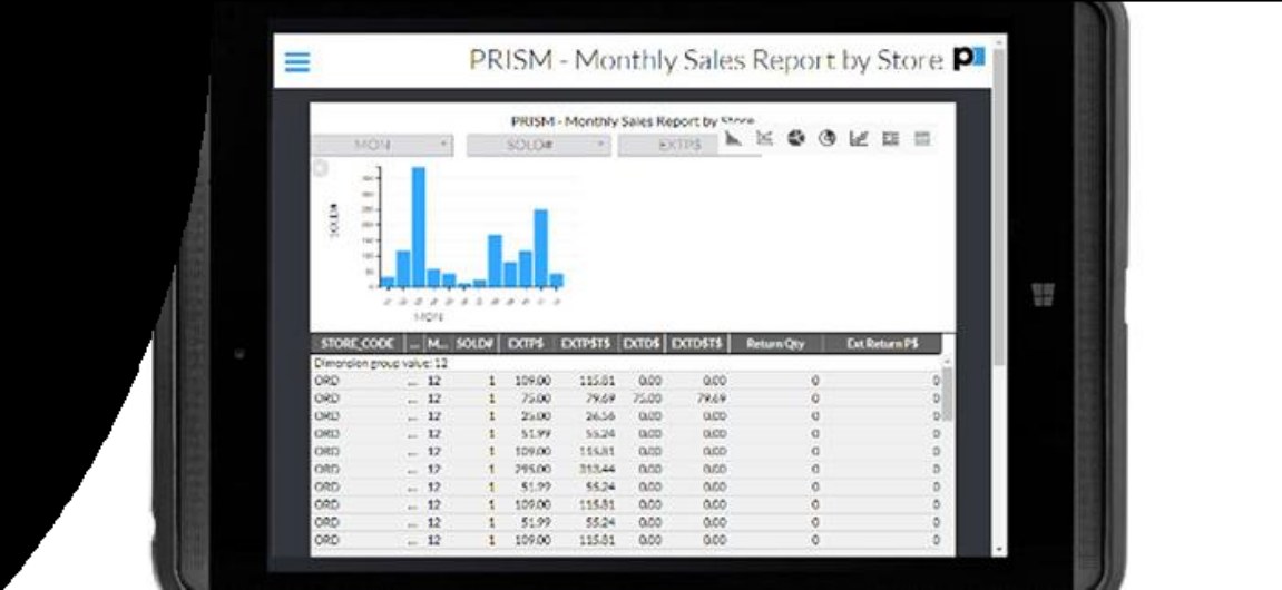 Retail Pro Prism monthly sales report by store, shown on a tablet