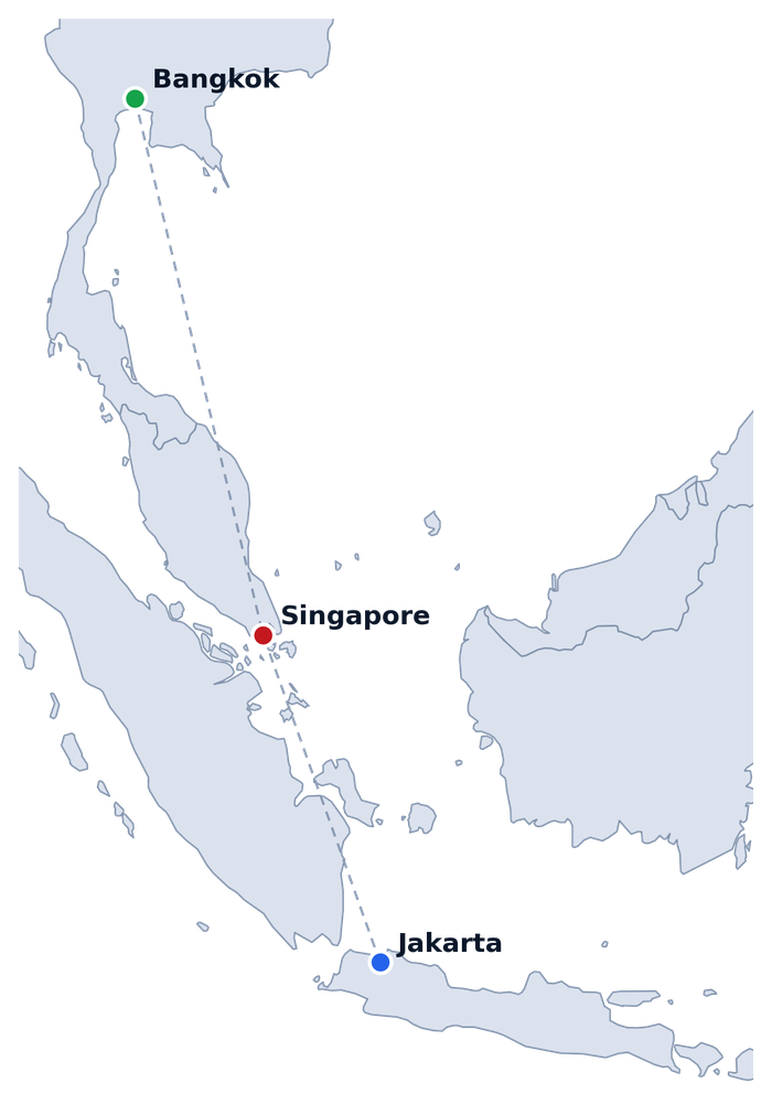 Map of Southeast Asia zoomed into Thailand, Malaysia, Singapore and Indonesia, marking Bangkok, Singapore and Jakarta, the three countries Integrated Retail operates in