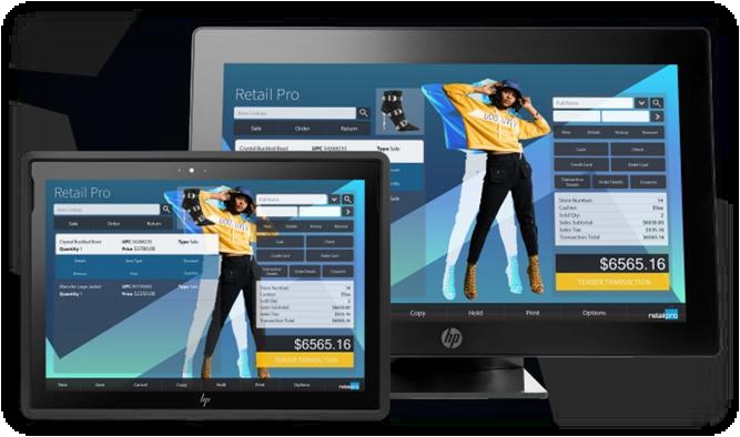 Retail Pro Prism point-of-sale screens running on an HP tablet and touchscreen monitor