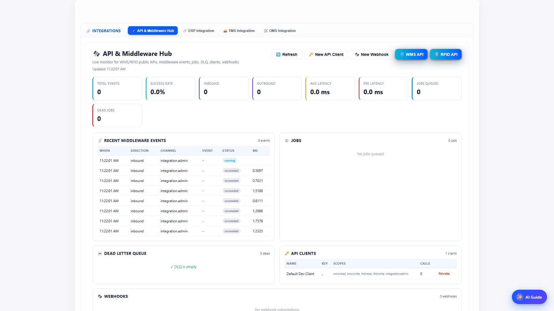 Warewiser Integrations screen