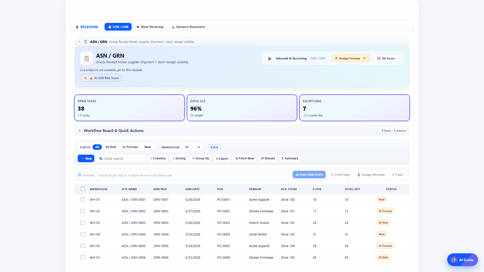 Warewiser Receiving screen