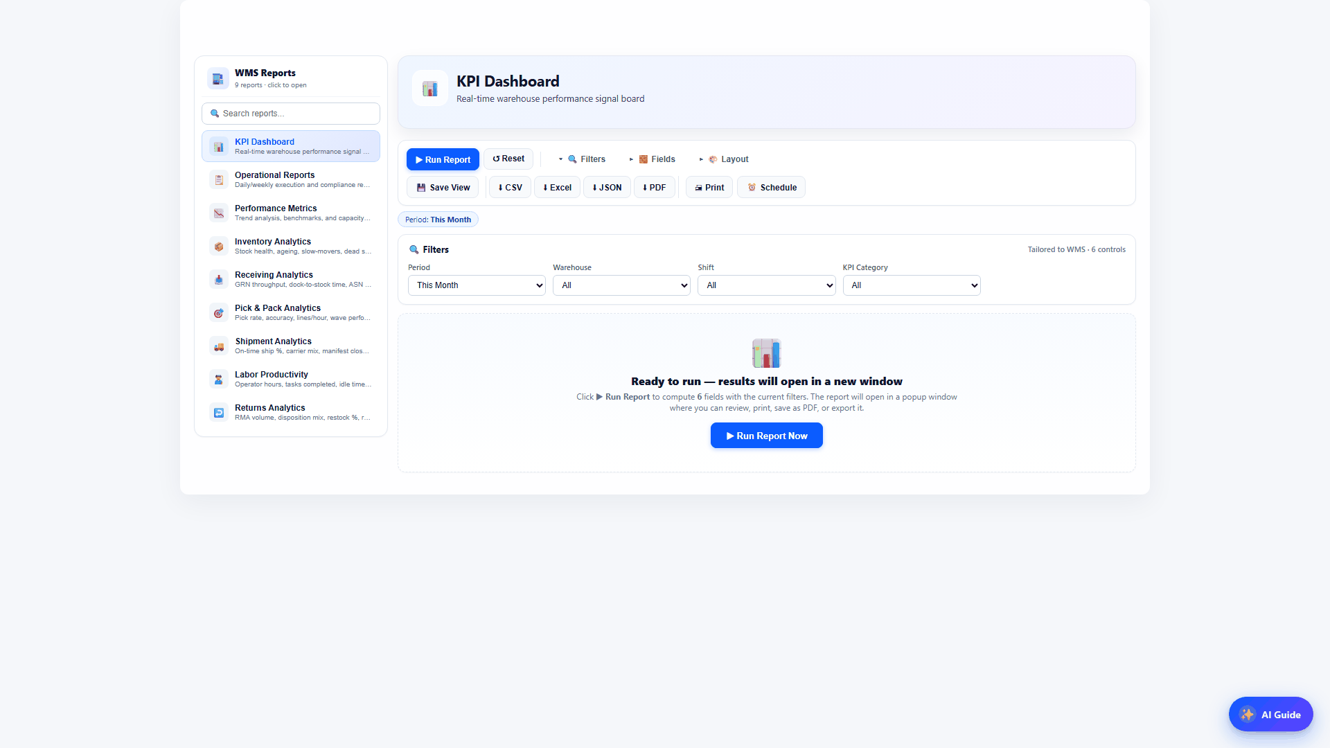 Warewiser Reports screen