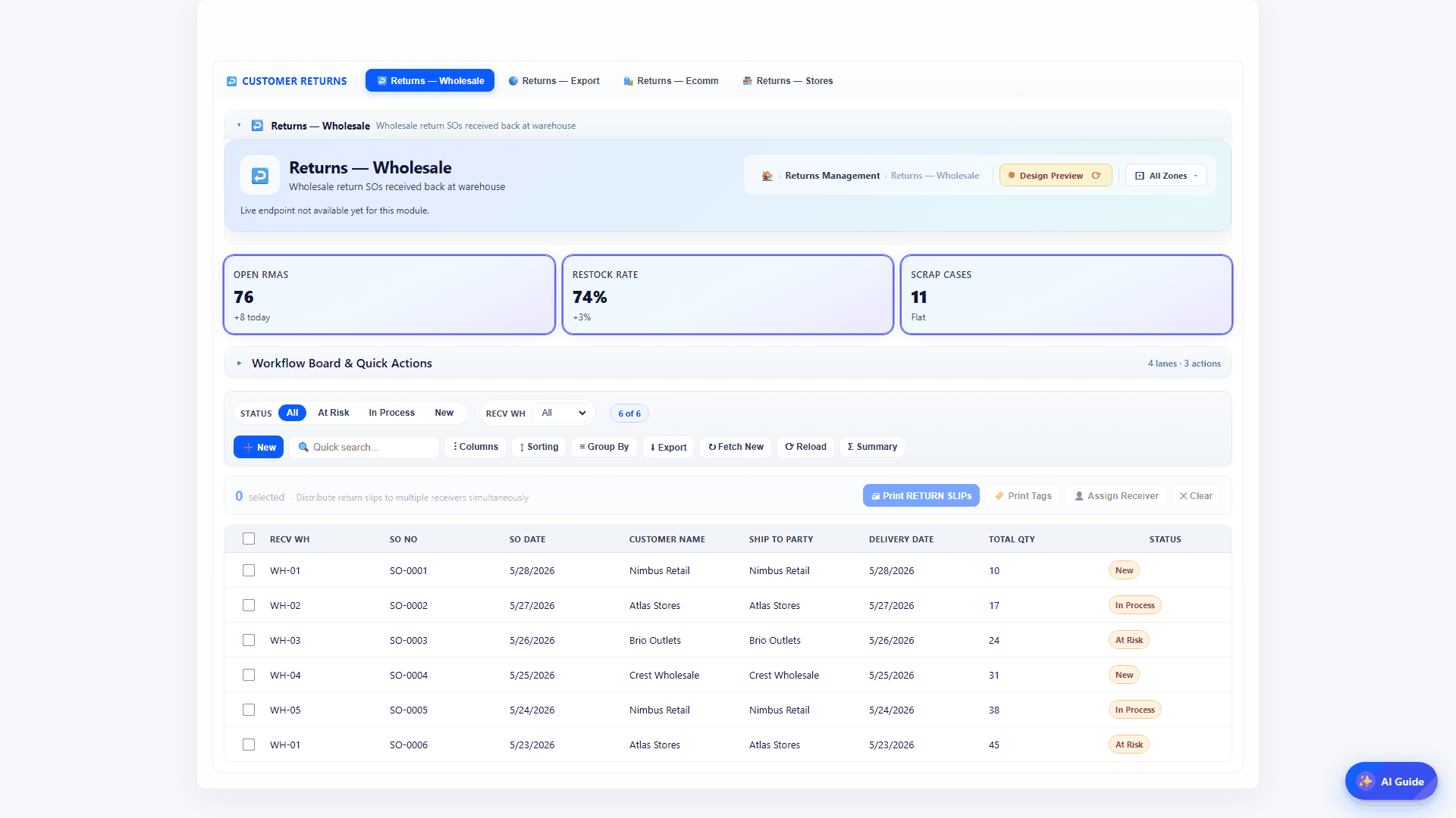 Warewiser Returns screen